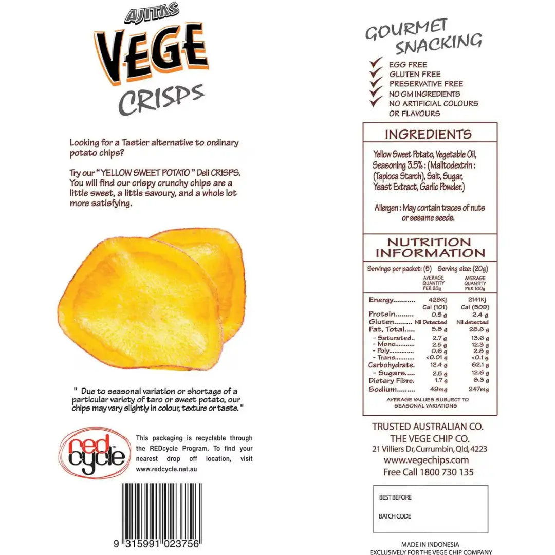Ajitas Vege Crisps Yellow Sweet Potato 100g back