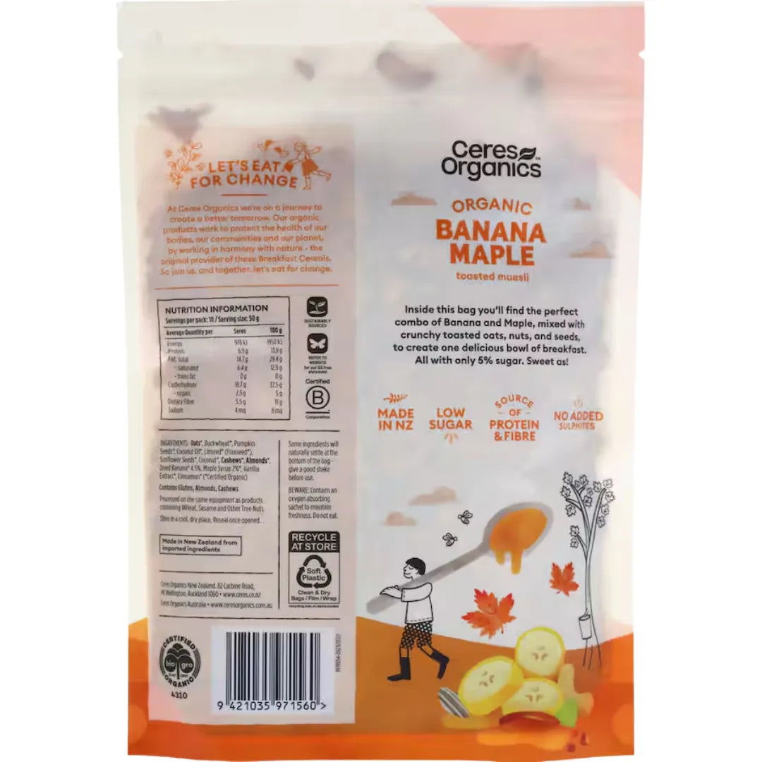 Ceres Organic Banana Maple Low Sugar Muesli 700g back