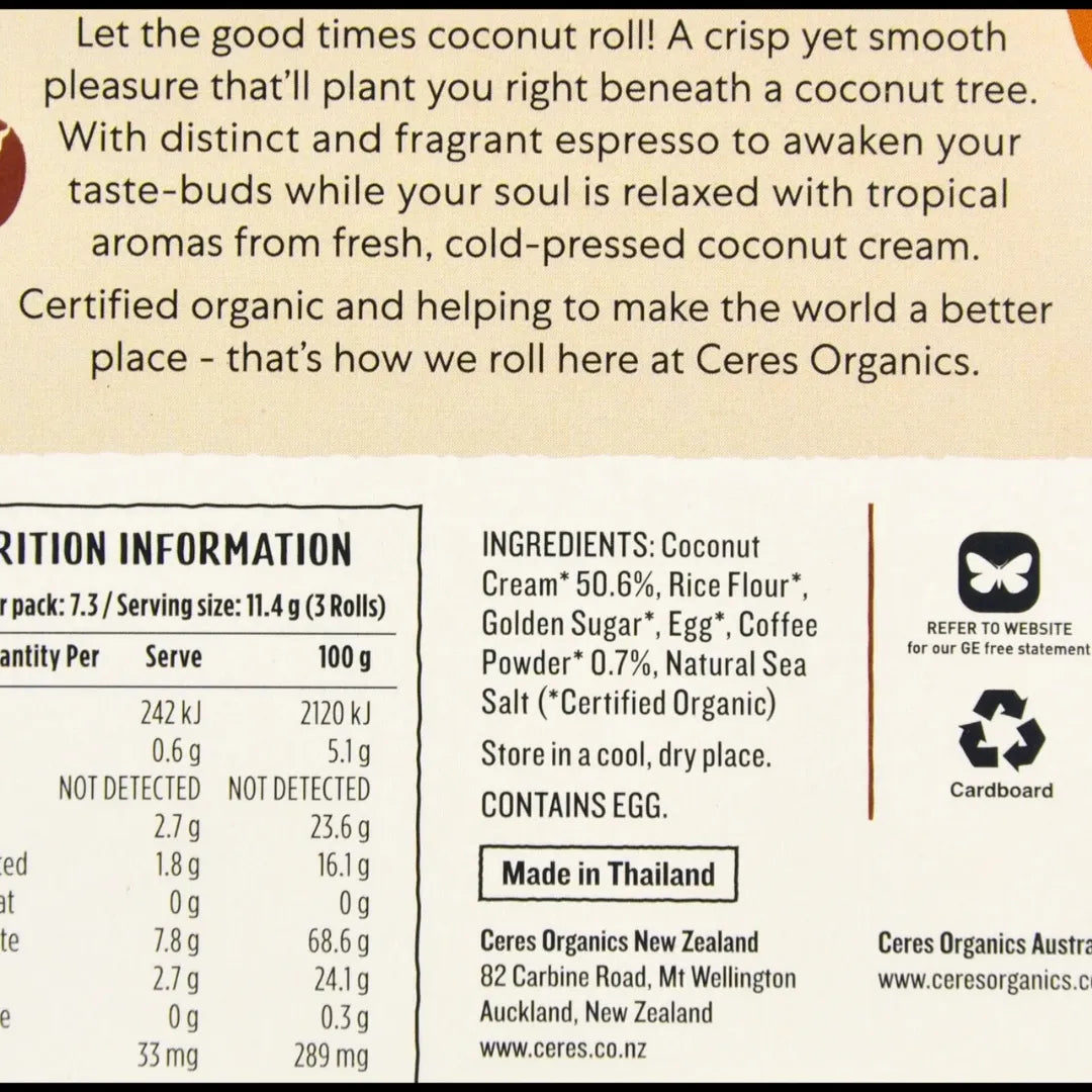 Ceres Organics Espresso Coconut Wafer Rolls 80g infor