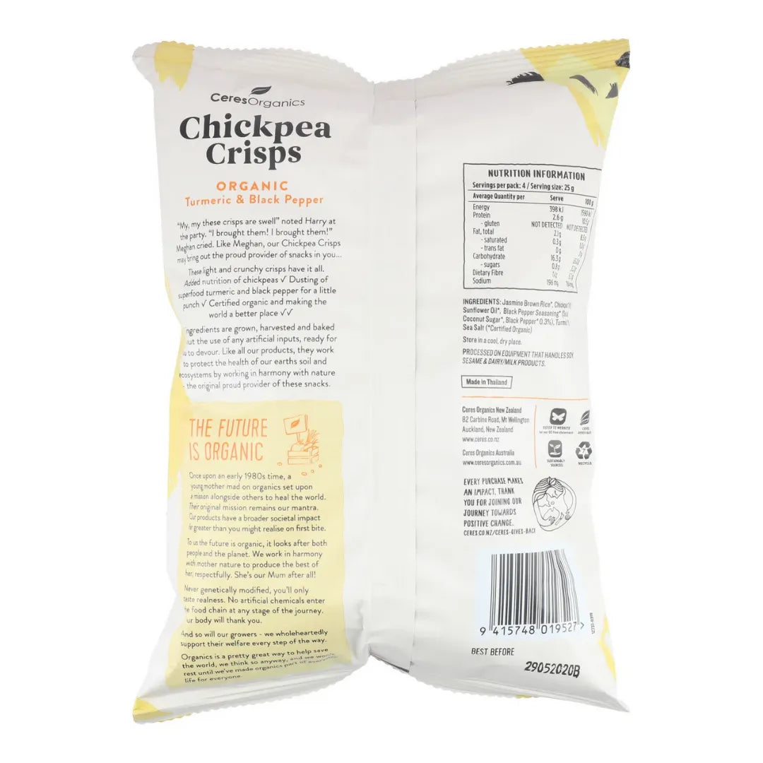 Ceres Organics Turmeric & Black Pepper Chickpea Crisps 100g back