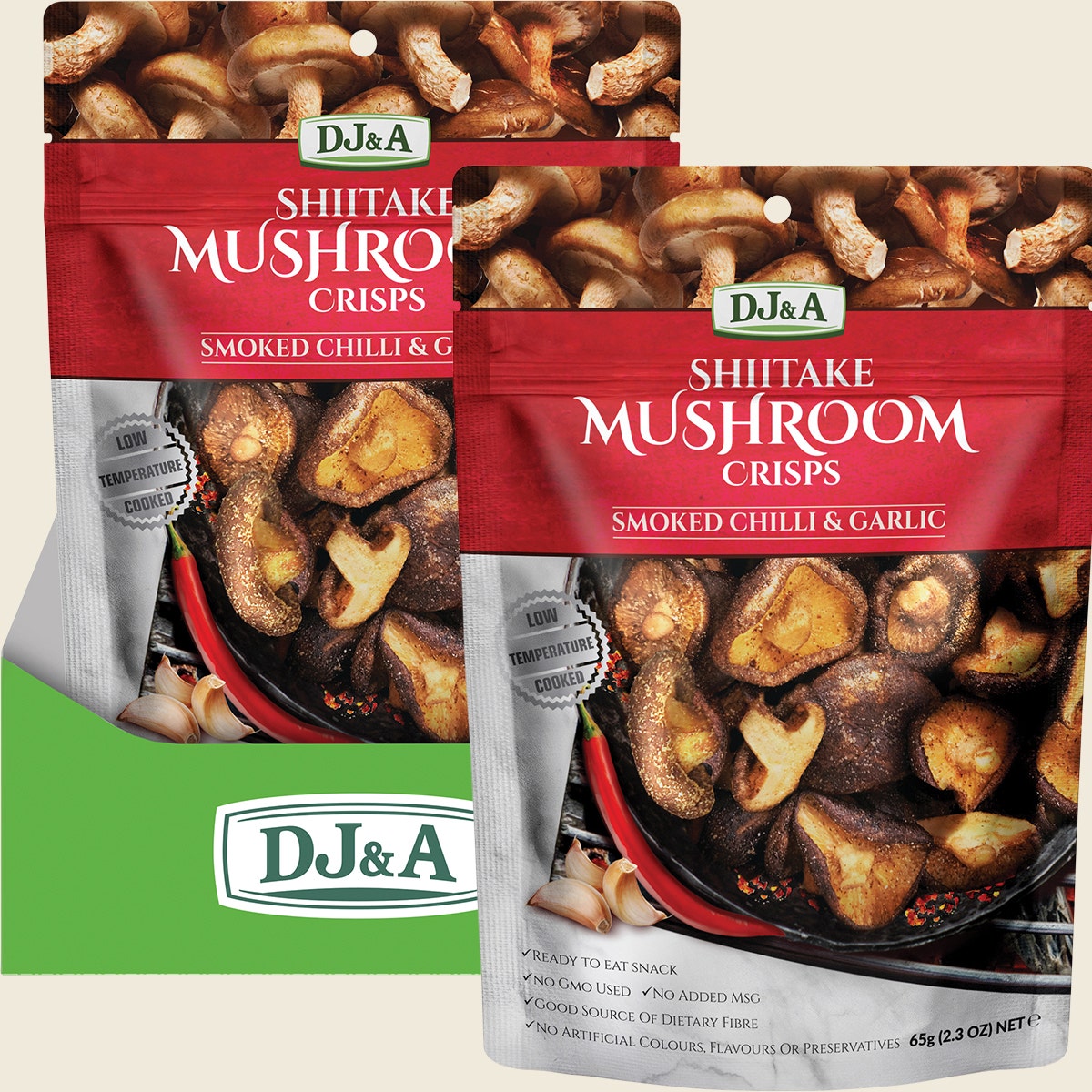 DJ&A Shiitake Mushroom Crisps Smoked Chilli & Garlic 9x65g
