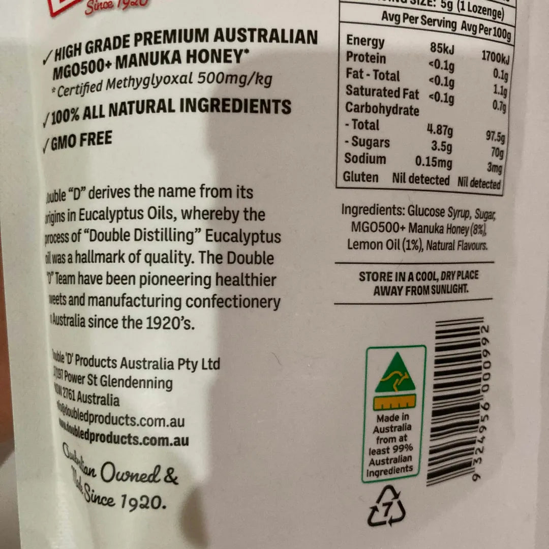 Double D Manuka Honey MGO500 + Lozenges Lemon 80g back