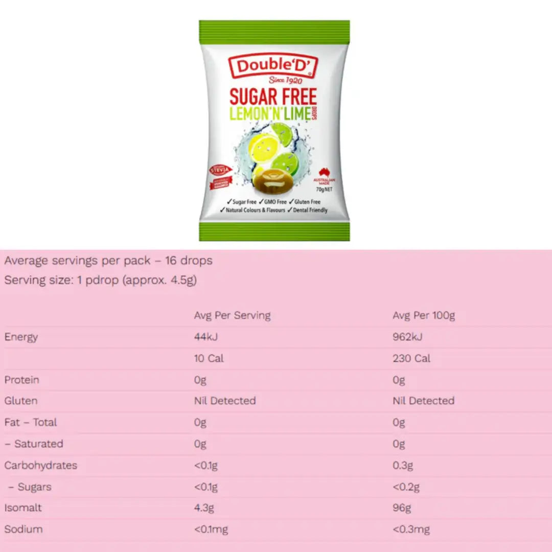 Double D Sugar Free Lemon ‘n Lime Drops 70g infor