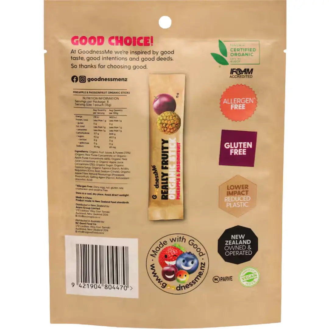 GoodnessMe Fruit Sticks Pineapple/Passionfruit Duo 120g back