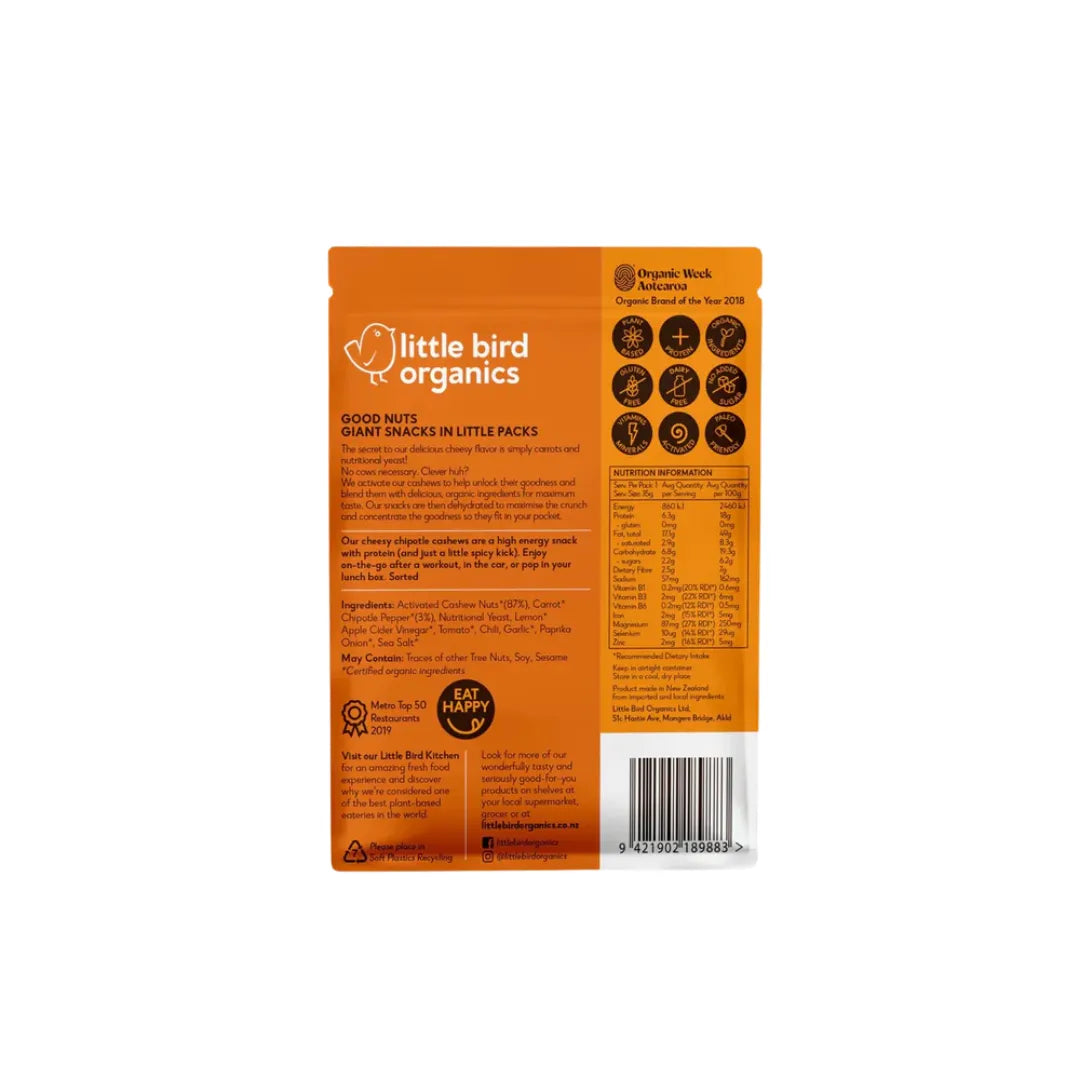 Little Bird Organics Activated Cheesy Chipotle Cashews 120g back