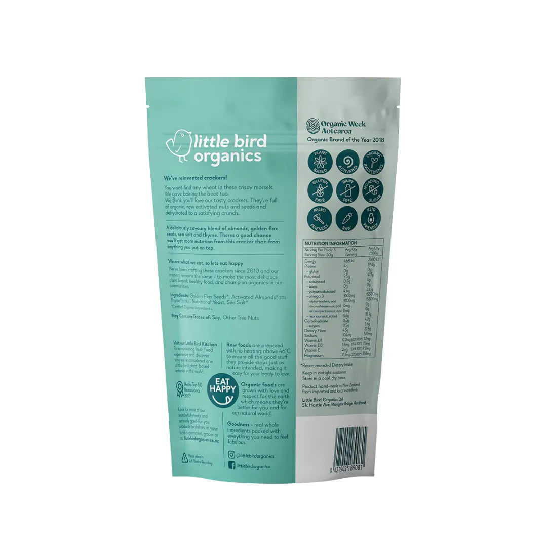Little Bird Organics Activated Crackers - Sea Salt & Thyme 120g back