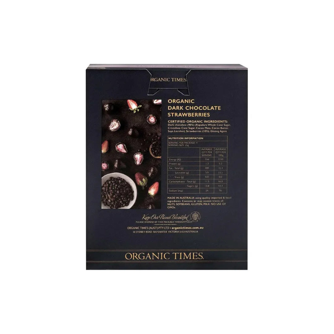 Organic Times Dark Chocolate Strawberries 100g back