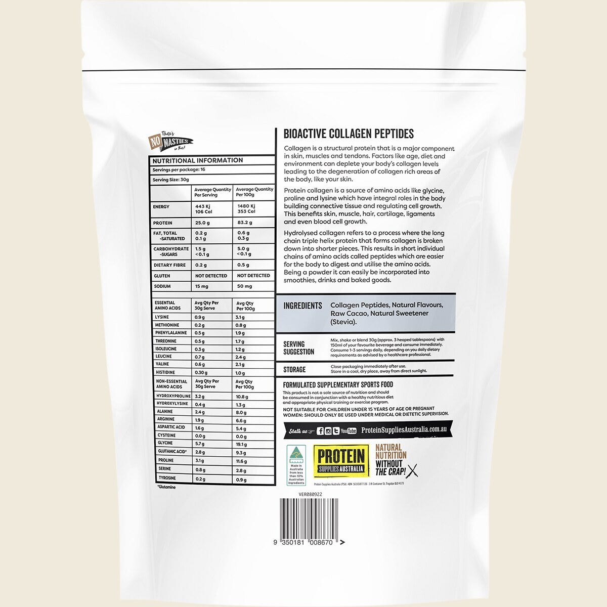 Protein Supplies Australia Collagen Peptides Chocolate 500g