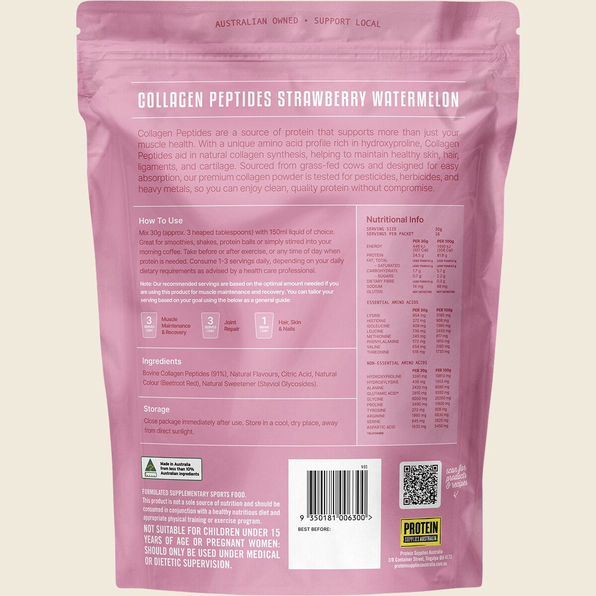 Protein Supplies Australia Collagen Peptides Strawberry Watermelon 500g