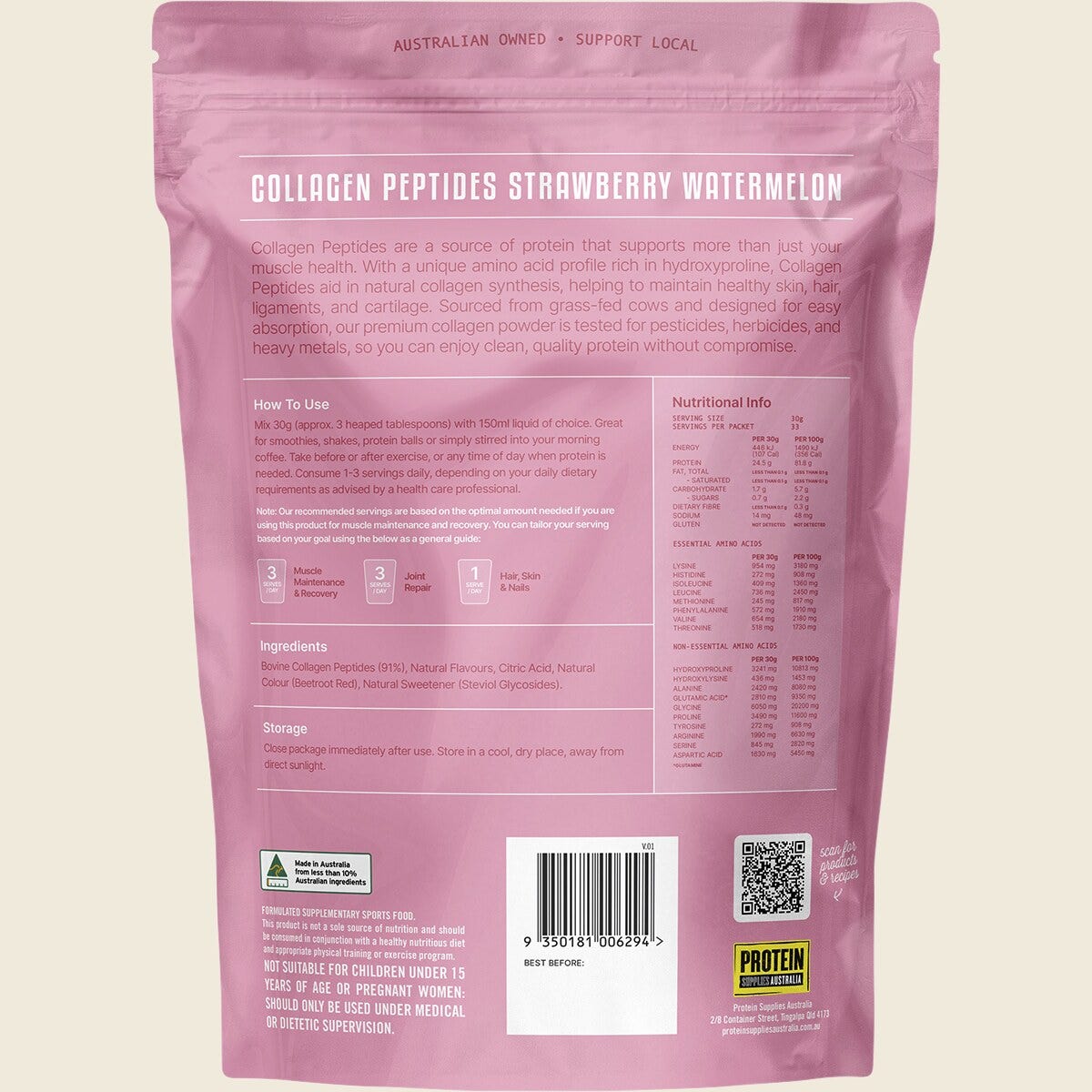 Protein Supplies Australia Collagen Peptides Strawberry Watermelon 1kg