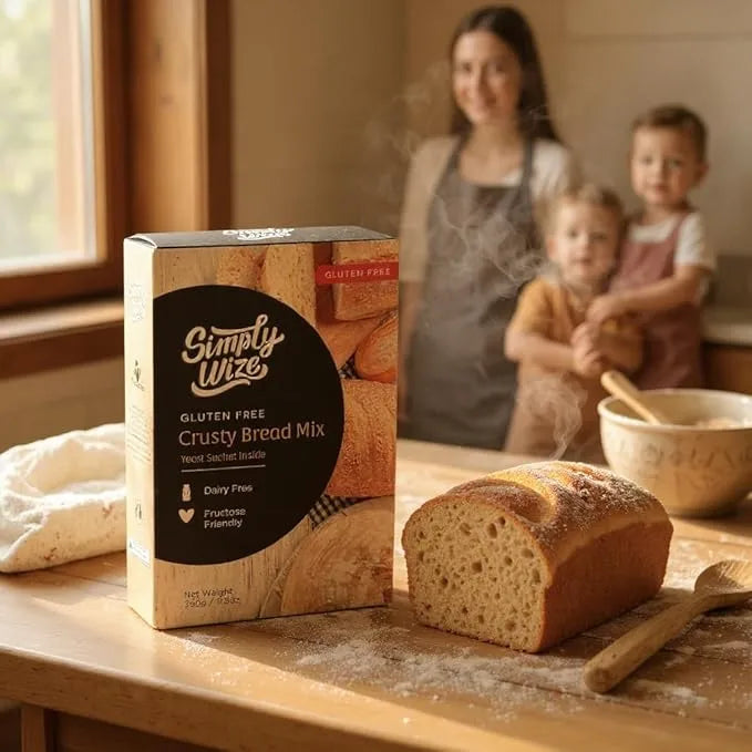 Simply Wize gluten-free crusty bread mix box on a table with a loaf of bread and a family in the background.
