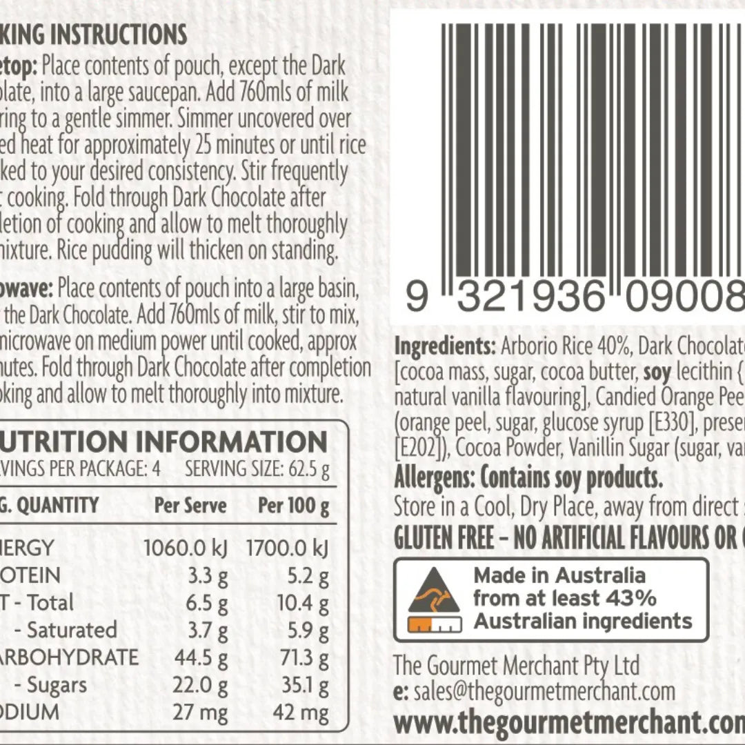 The Gourmet Merchant Chocolate Rice Pudding Mixes – Chocolate and Orange back