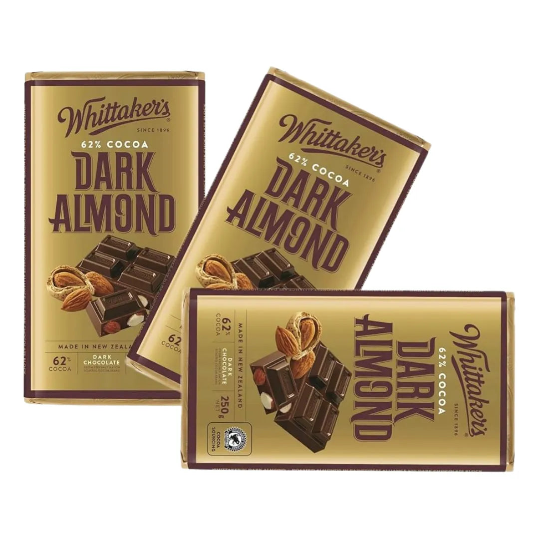 WHITTAKERS BLOCK CHOC 62% DARK ALMOND 200g packs