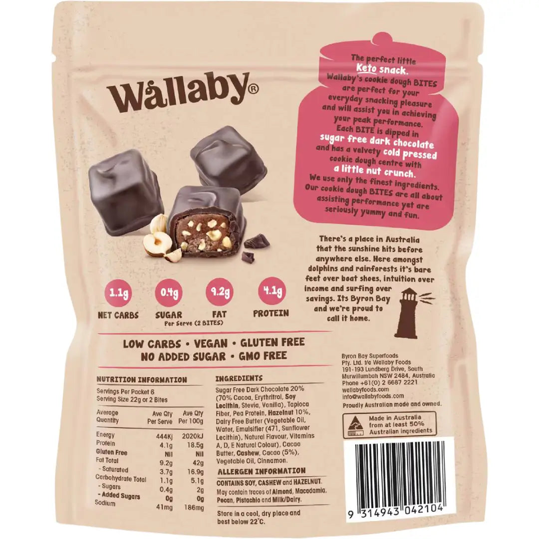 Wallaby Cookie Dough Bites Double Choc Hazelnut G/F 130g back
