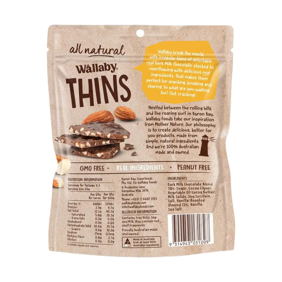 Wallaby Thins Dark Chocolate Snack with Roasted Almonds G/F 130g back