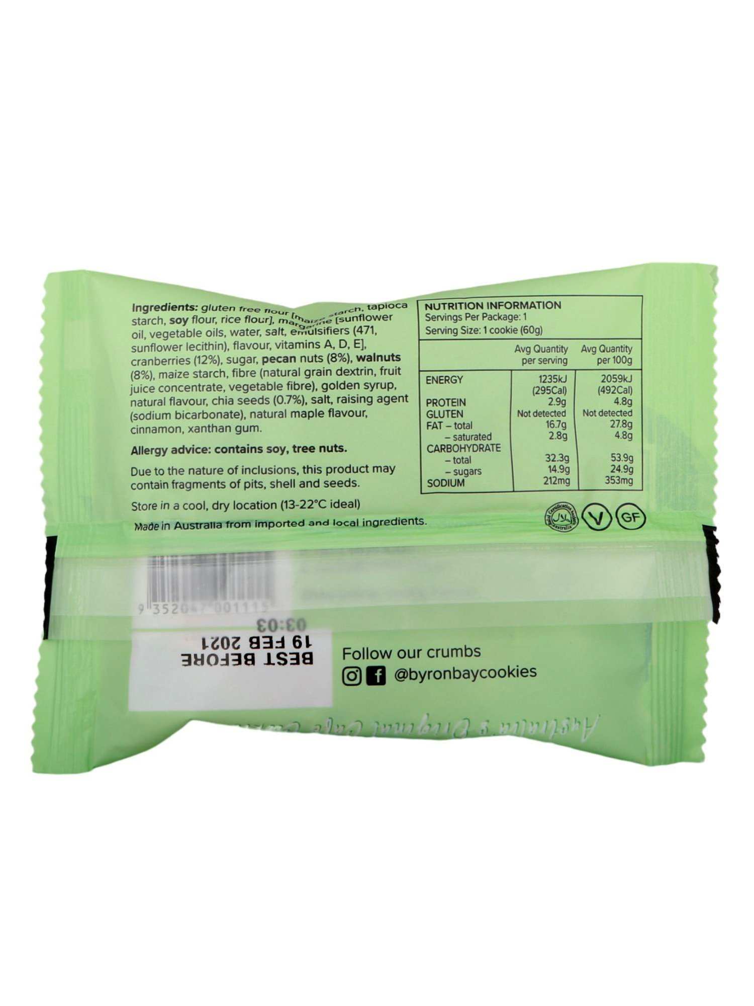 Byron Bay Cookies GF Vegan Maple Pecan Cookie 60g - Healthy Essentials Australia - health food store - health food stores - health food store near me - organic food store - health food store near me