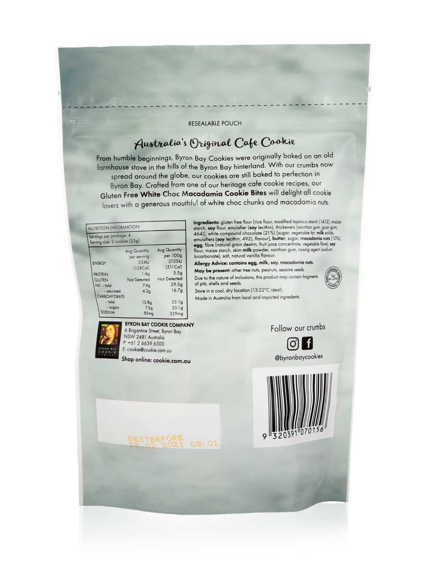 Byron Bay Cookies GF White Choc Macadamia Cookie Pouch 100g - Healthy Essentials Australia - health food store - health food stores - health food store near me - organic food store - health food store near me