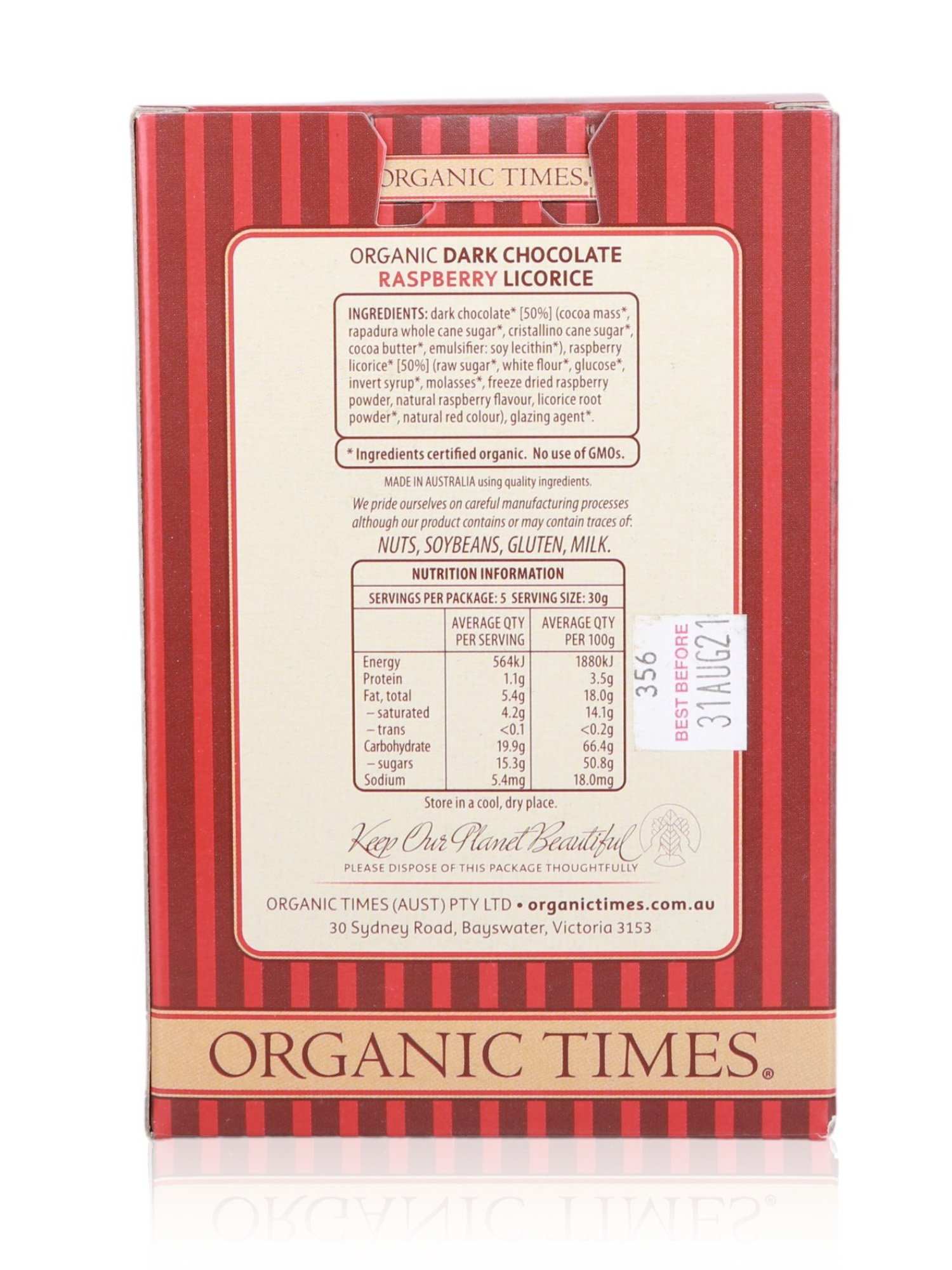 Organic Times Dark Chocolate Raspberry Licorice 150g - Healthy Essentials Australia - health food store - health food stores - health food store near me - organic food store - health food store near me