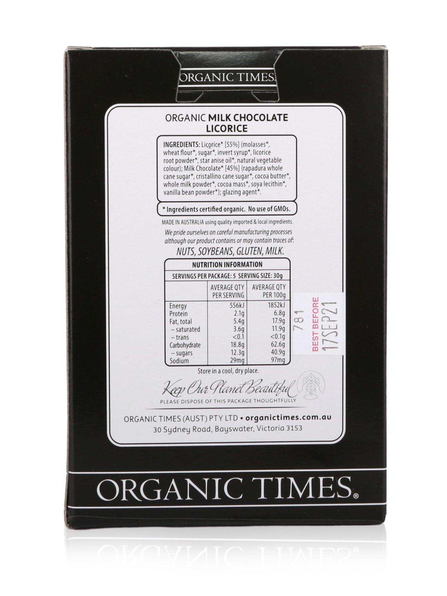 Organic Times Milk Chocolate Licorice 150g - Healthy Essentials Australia - health food store - health food stores - health food store near me - organic food store - health food store near me