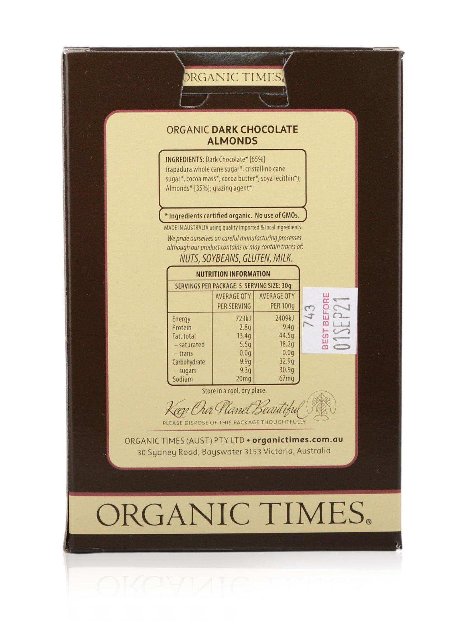 Organic Times Dark Chocolate Almonds 150g - Healthy Essentials Australia - health food store - health food stores - health food store near me - organic food store - health food store near me