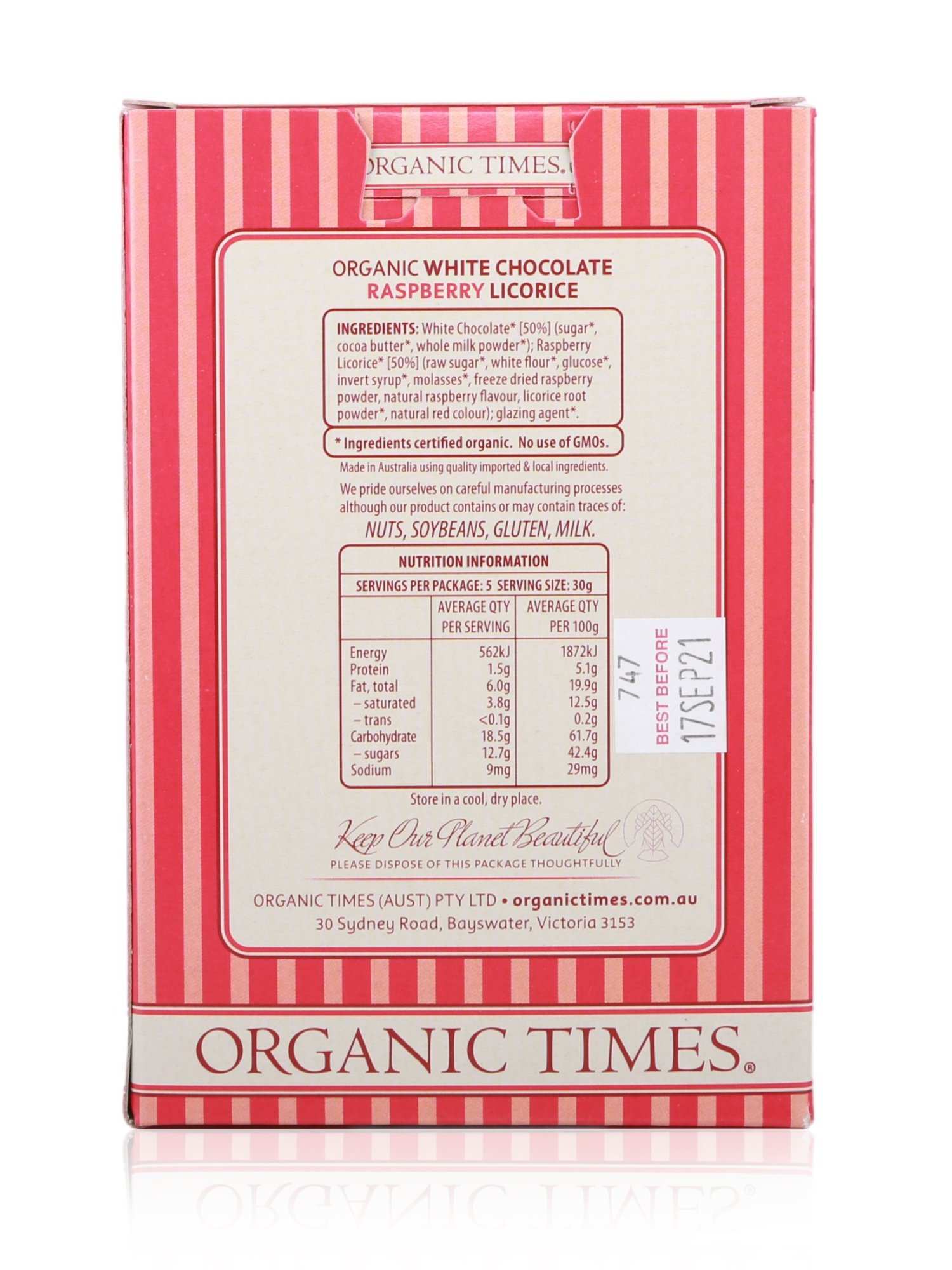 Organic Times White Chocolate Raspberry Licorice 150g - Healthy Essentials Australia - health food store - health food stores - health food store near me - organic food store - health food store near me