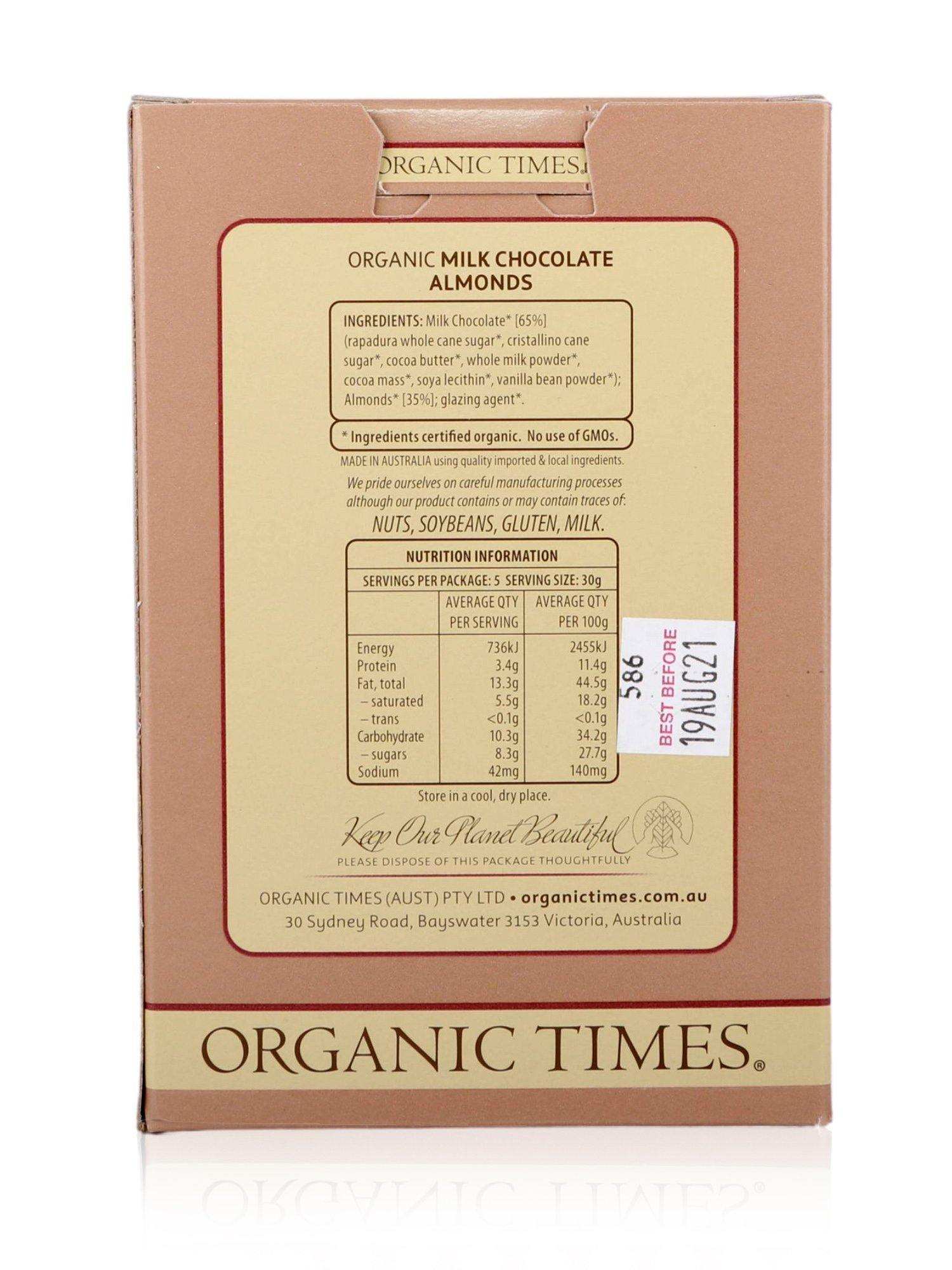 Organic Times Milk Chocolate Almonds 150g - Healthy Essentials Australia - health food store - health food stores - health food store near me - organic food store - health food store near me