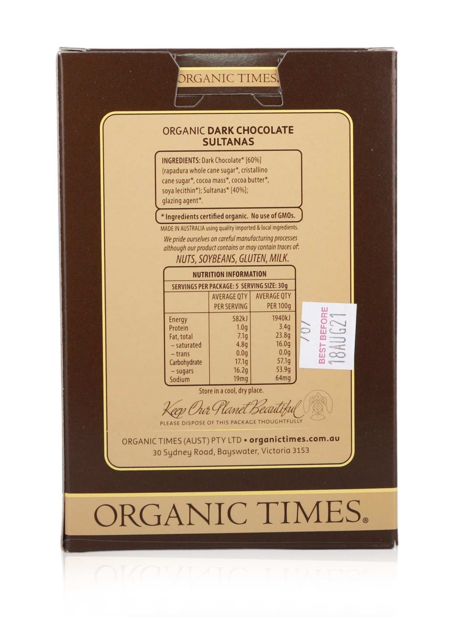 Organic Times Dark Chocolate Sultanas 150g - Healthy Essentials Australia - health food store - health food stores - health food store near me - organic food store - health food store near me
