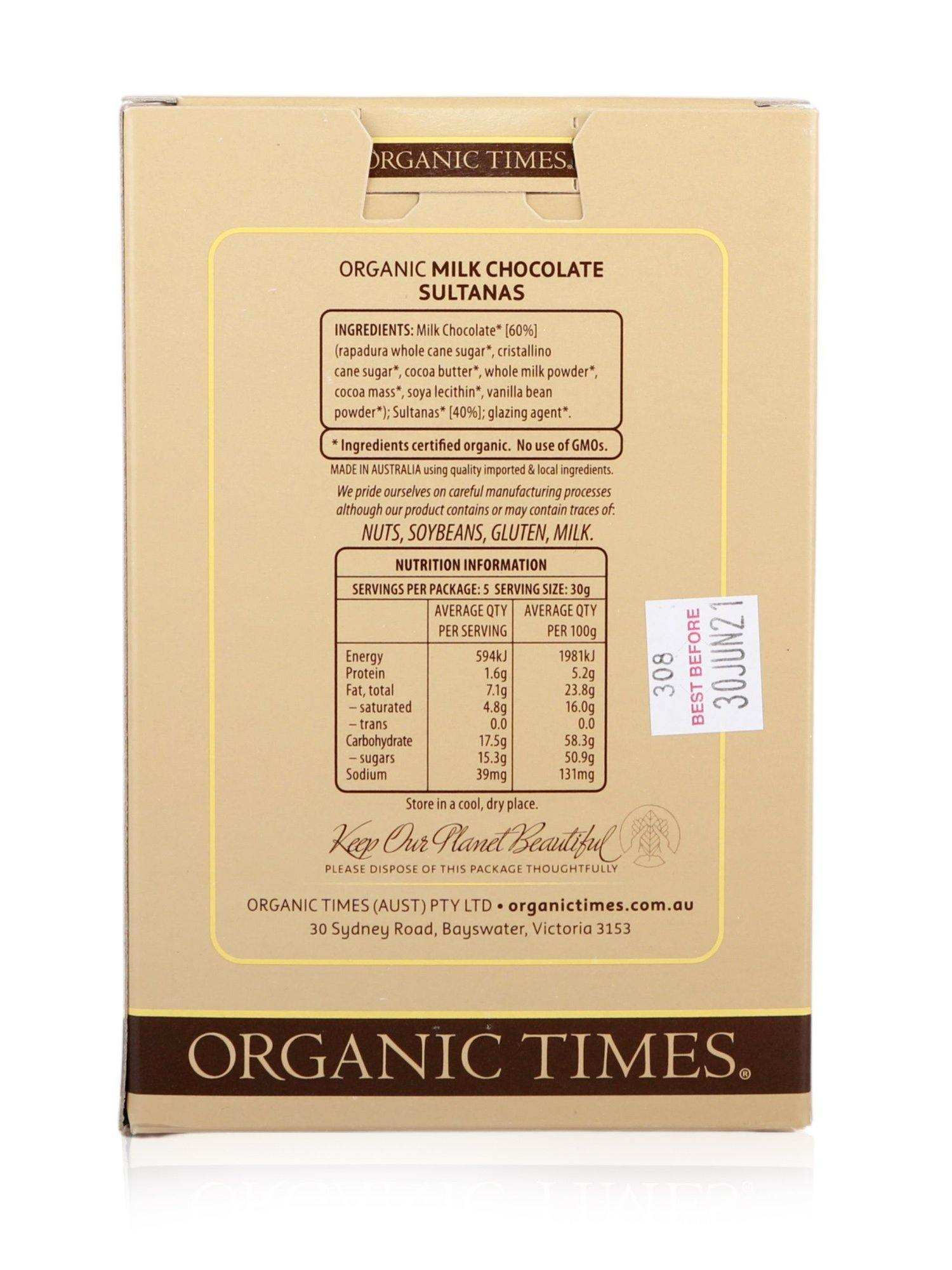 Organic Times Milk Chocolate Sultanas 150g - Healthy Essentials Australia - health food store - health food stores - health food store near me - organic food store - health food store near me