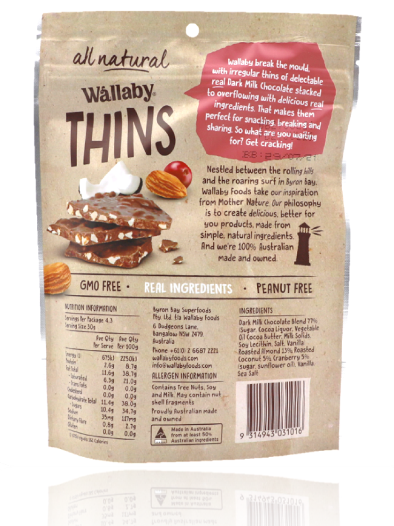 Wallaby Thins Dark Chocolate with Almonds, Coconut & Cranberries 130g - Healthy Essentials Australia - health food store - health food stores - health food store near me - organic food store - health food store near me