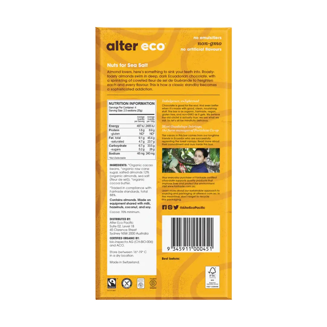 Alter Eco Organic Chocolate Deep Dark Salted Almonds 80g back