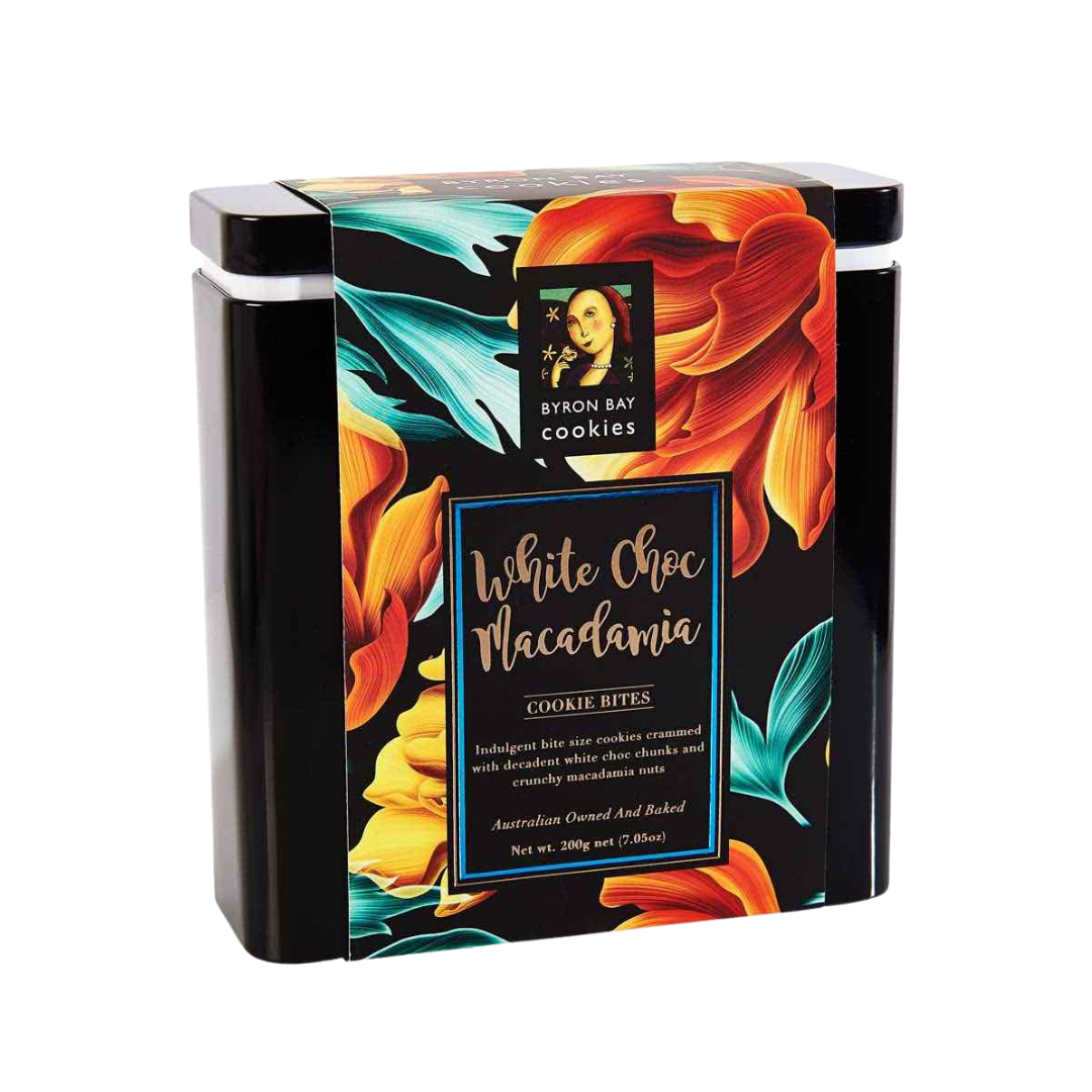 BYRON BAY COOKIES FLORAL GIFT TIN WHITE CHOC MAC 200G