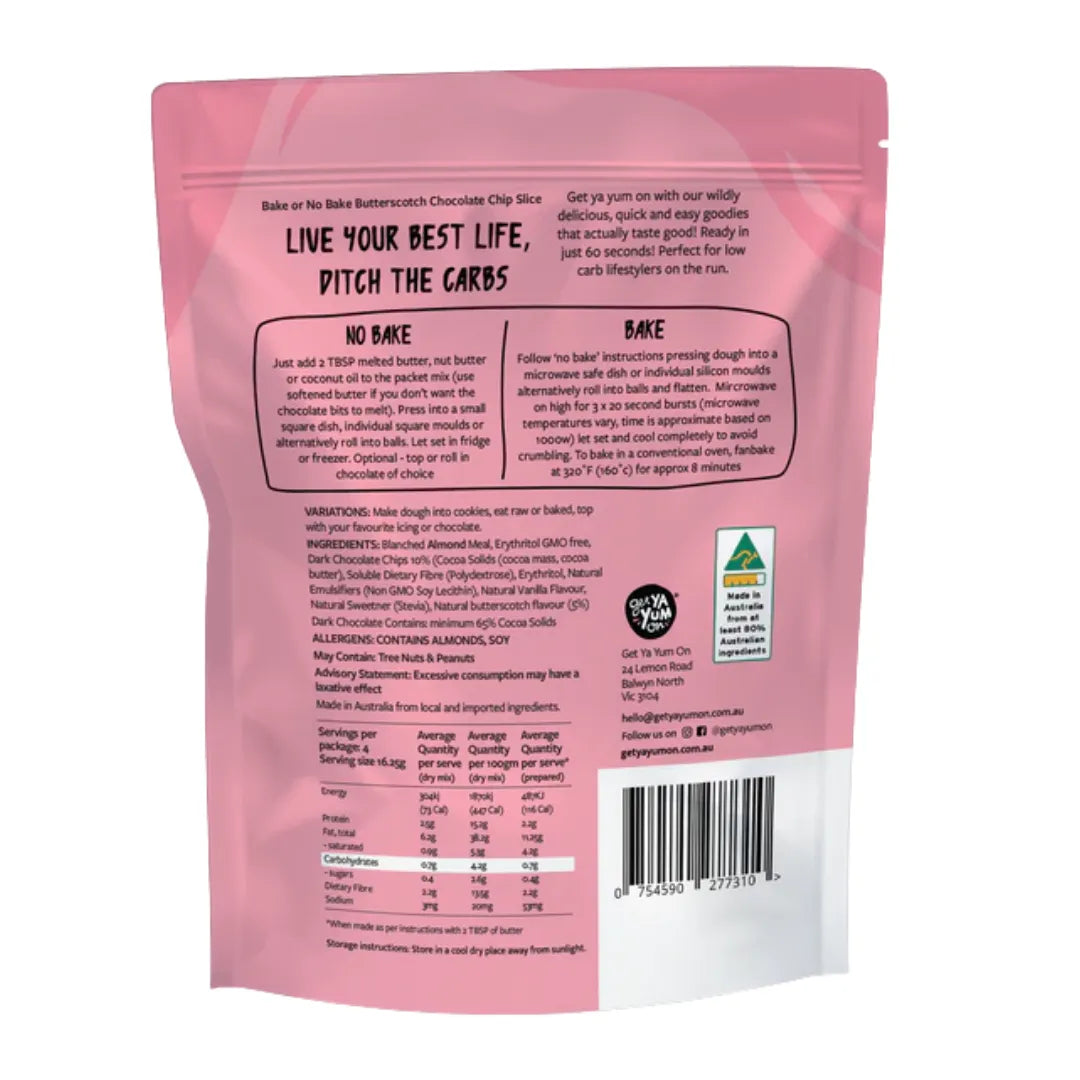 Butterscotch & Chocolate Chip Slice 65g | Get Ya Yum On back