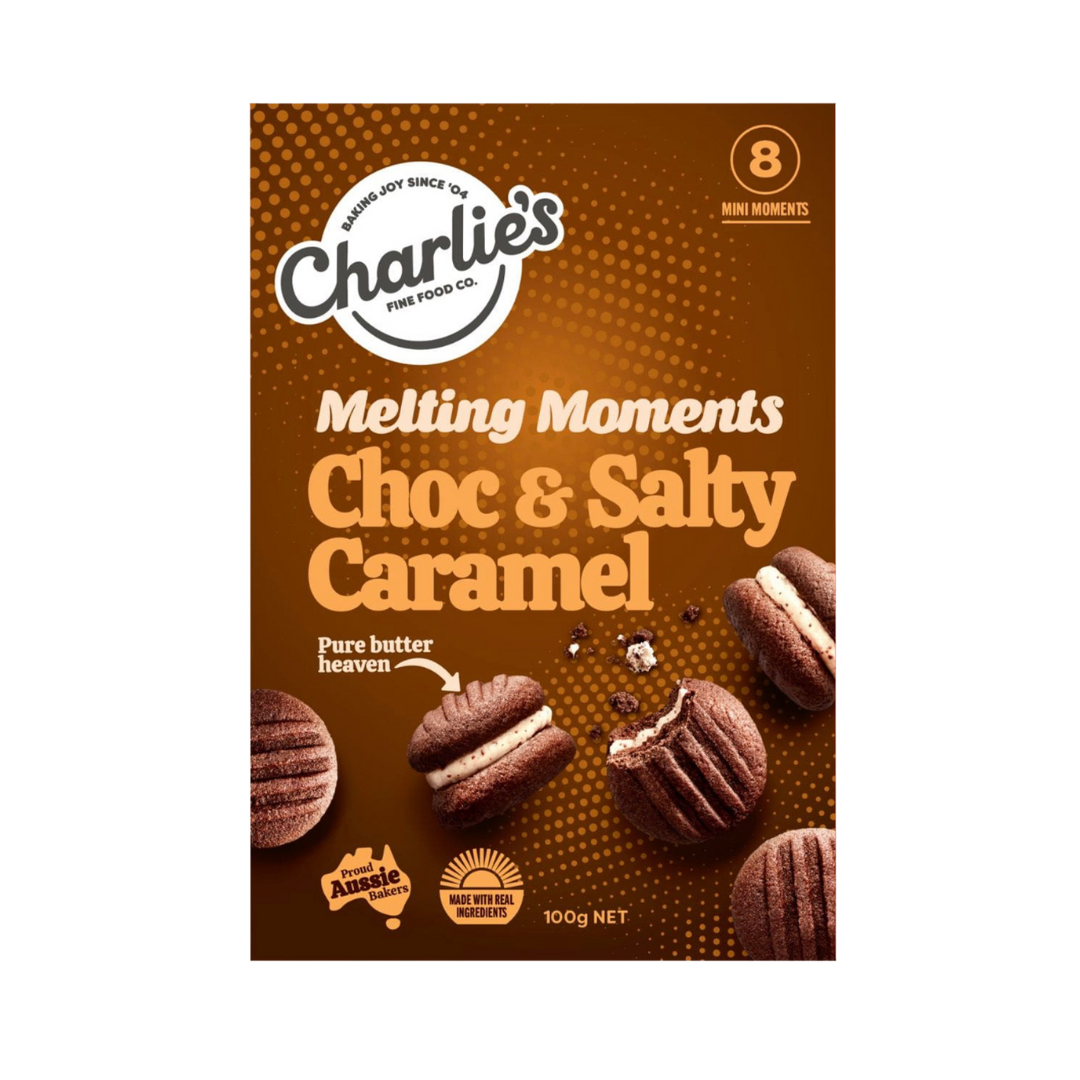 CHARLIES FINE FOODS CHOCOLATE & SALTY CARAMEL MELTING MOMENTS 100G