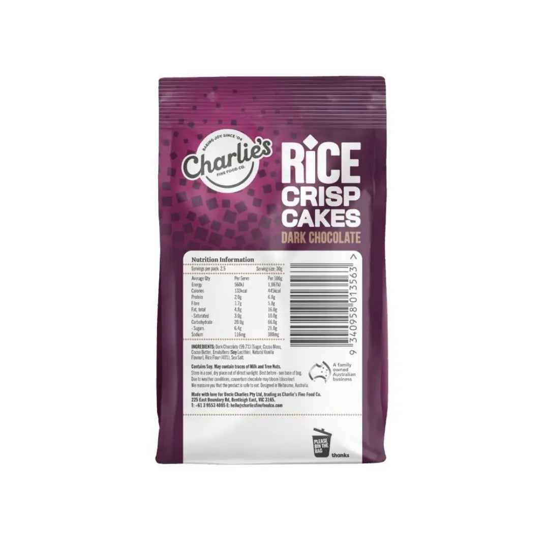 CHARLIES FINE FOODS RICE CRISP DARK CHOCOLATE 80G back