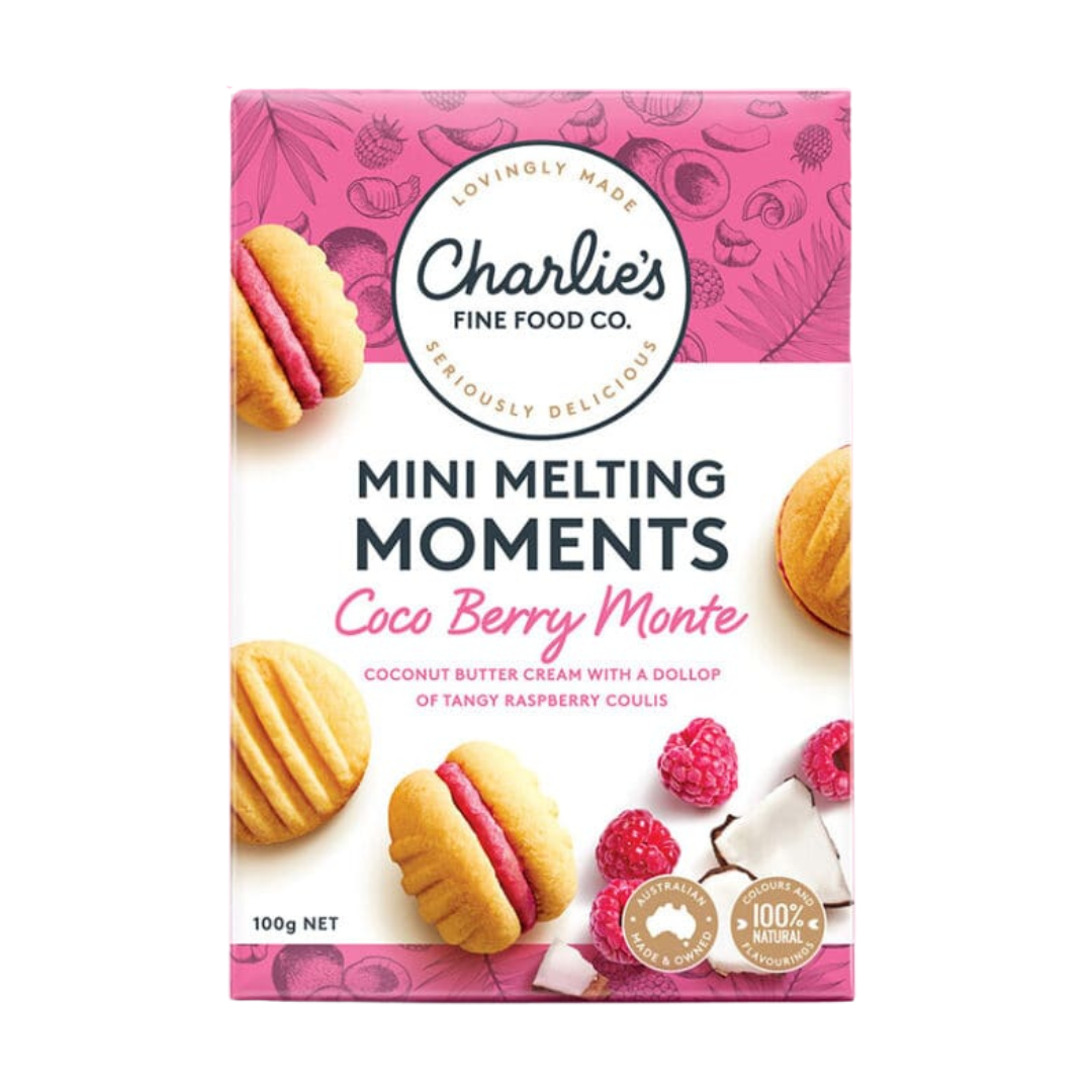 CHARLIE'S FINE FOODS COCO BERRY MONTE MINI MELTING MOMENTS 100G