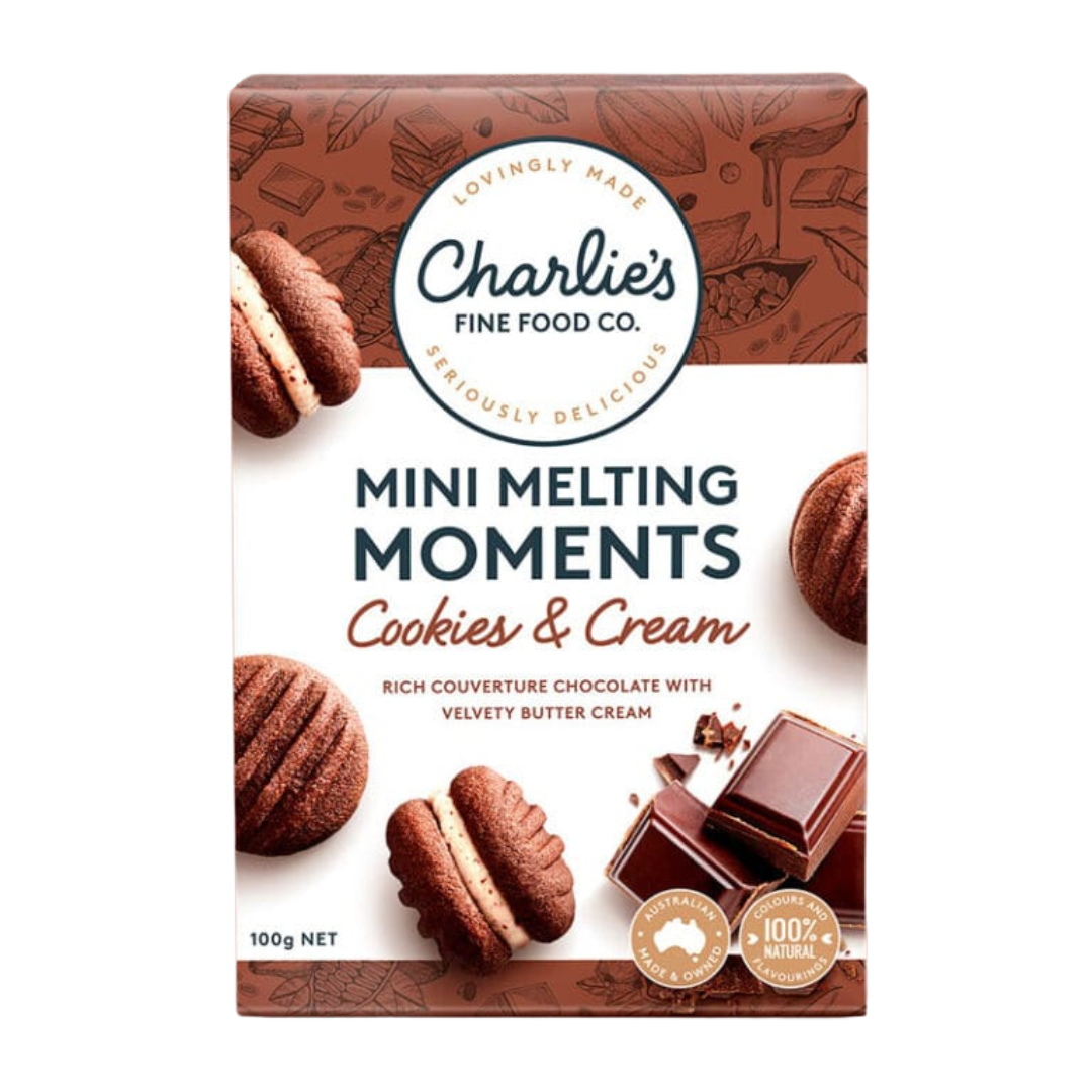 CHARLIE'S FINE FOODS COOKIES & CREAM MINI MELTING MOMENTS 100G