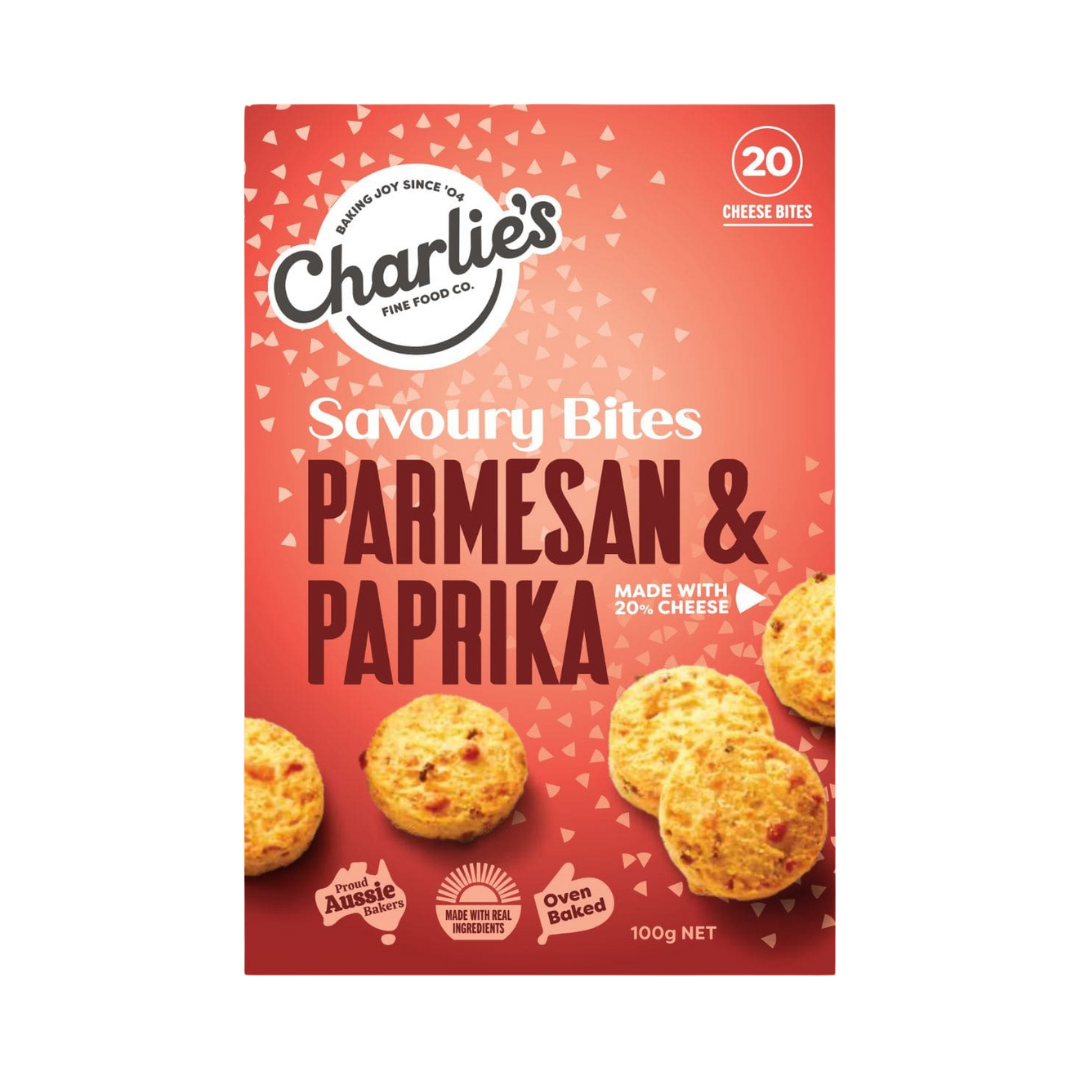 CHARLIE'S FINE FOODS PARMESA&PAPRIKA MINI CHEESE BITES 100G