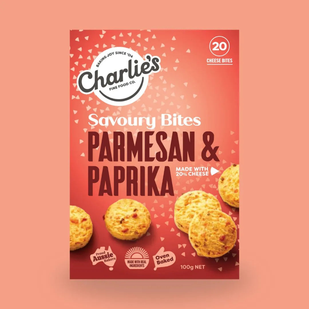 CHARLIE'S FINE FOODS PARMESA&PAPRIKA MINI CHEESE BITES 100G