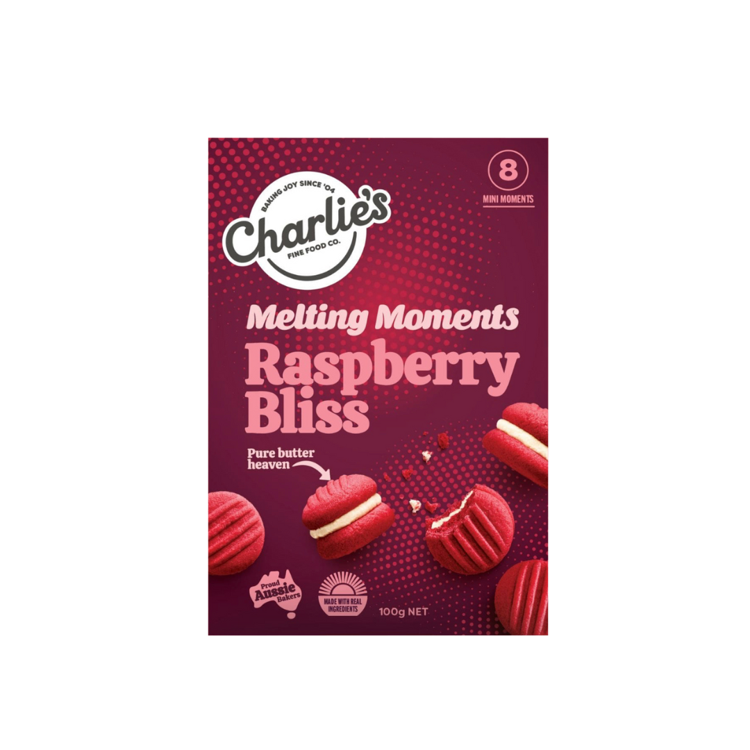 CHARLIE'S FINE FOODS RASPBERRY BLISS MINI MELTING MOMENTS 100G