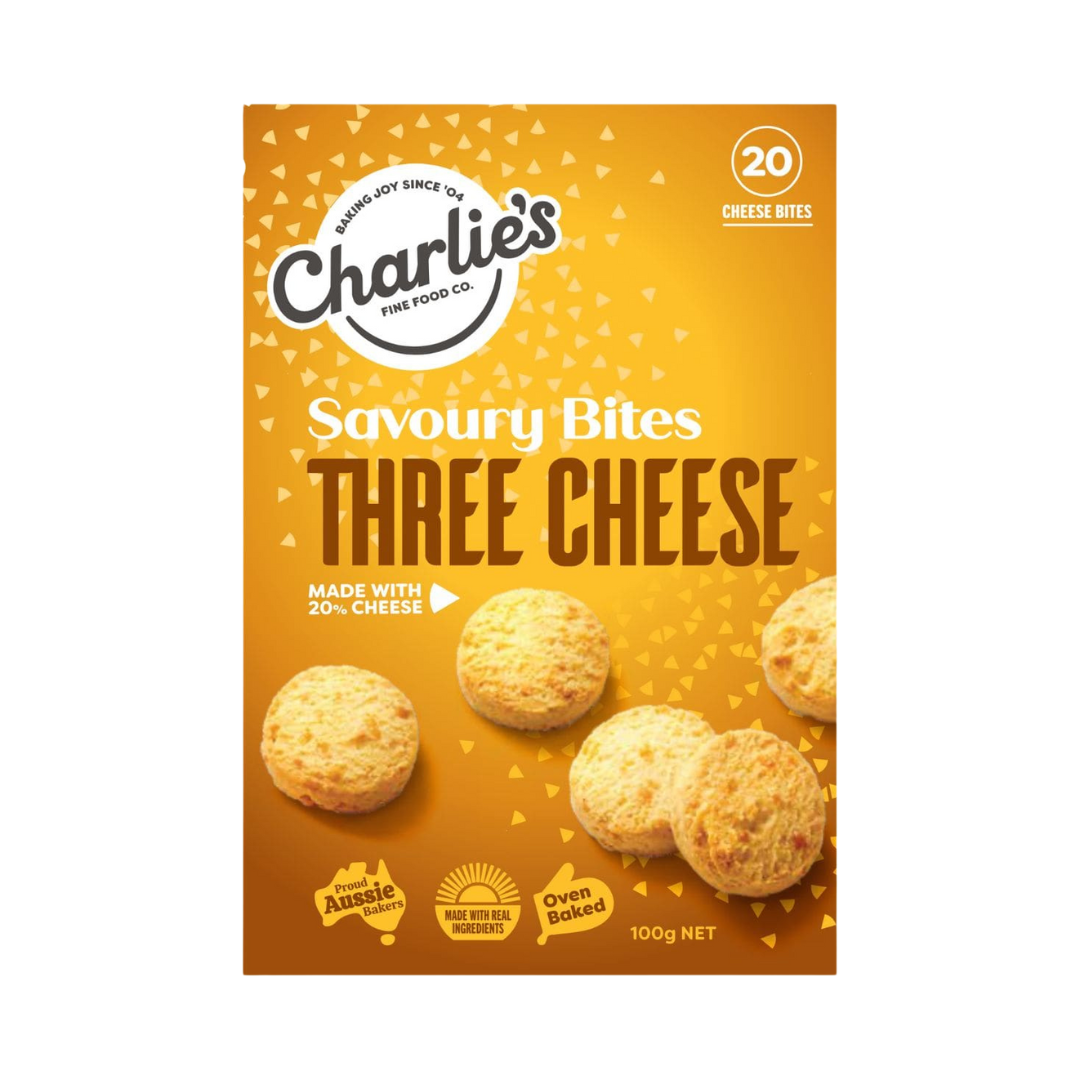 CHARLIE'S FINE FOODS THREE CHEESE MINI CHEESE BITES 100G