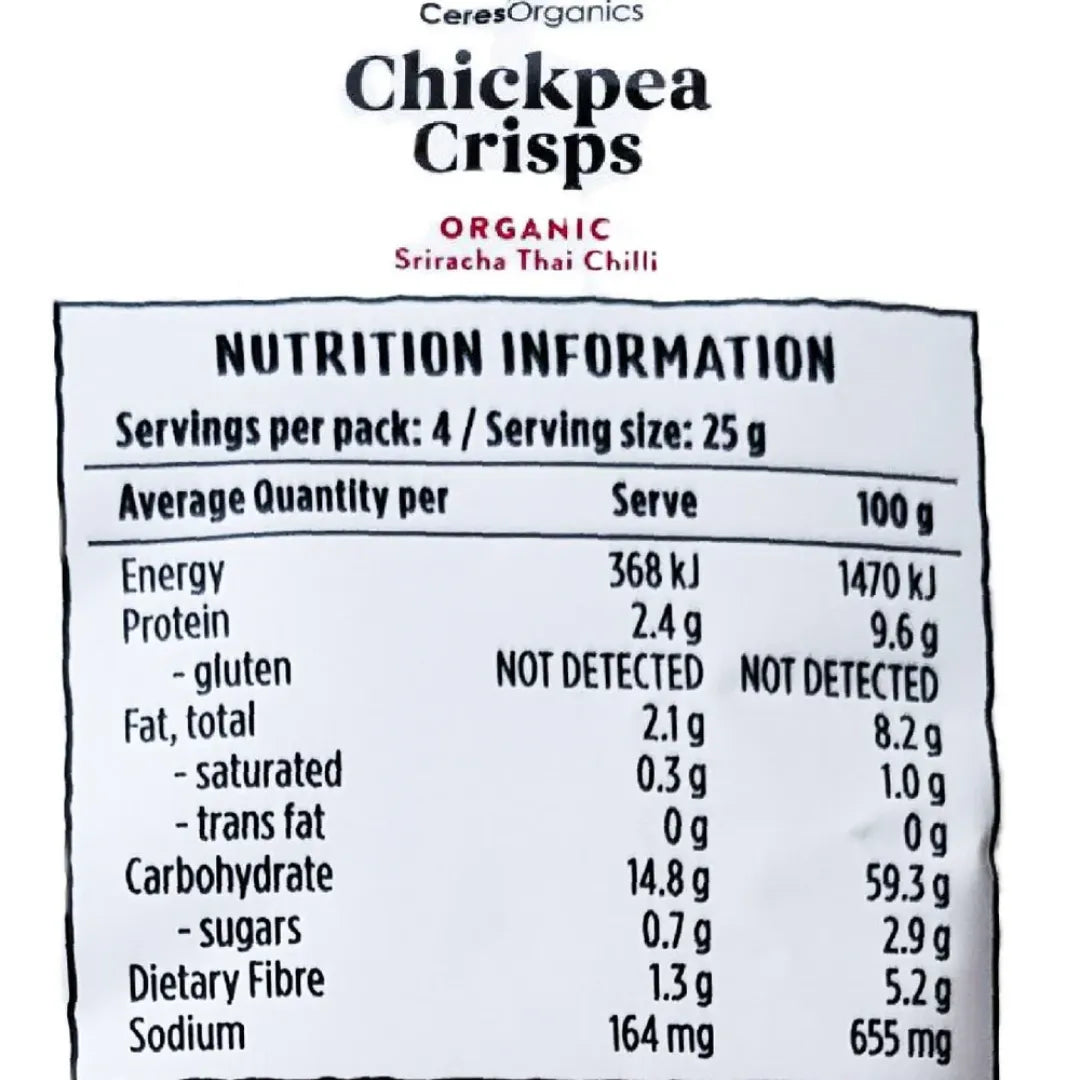 Ceres Organics Sriracha Thai Chilli Chickpea Crisps 100g infor