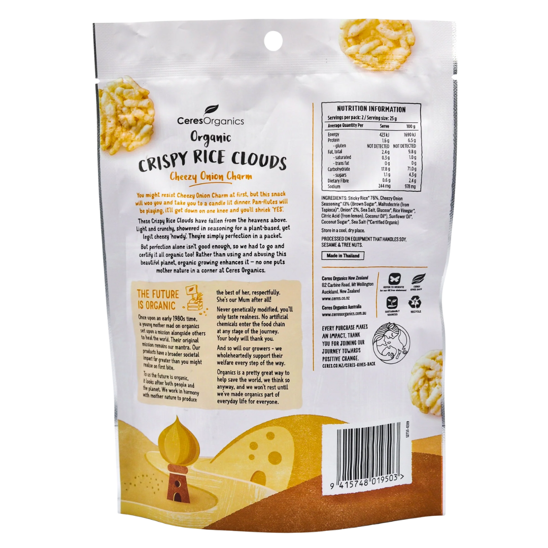 Ceres Organics Cheezy Onion Charm Crispy Rice Clouds 50g