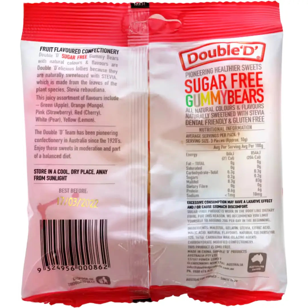 Double D Sugar Free Gummy Bears 90g back