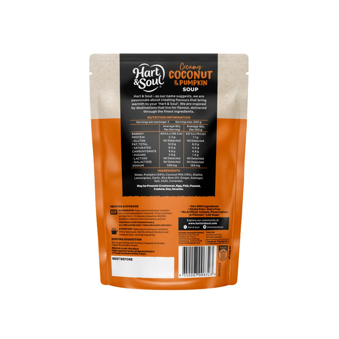 Hart & Soul All Natural Coconut Pumpkin Soup in Pouch 400g back