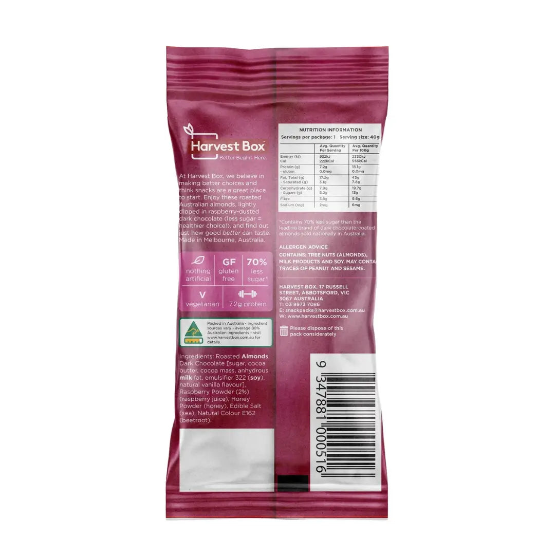 Harvest Box Dipped Almonds Raspberry & Dark Chocolate 40g back