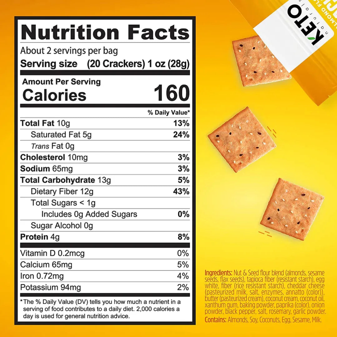 Keto Naturals Almond Flour Crackers Cheddar & Onion 64g infor
