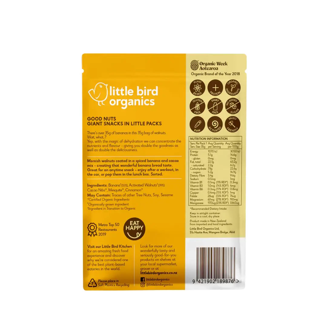 Little Bird Organics Activated Nuts - Banana Bread Walnuts 120g back