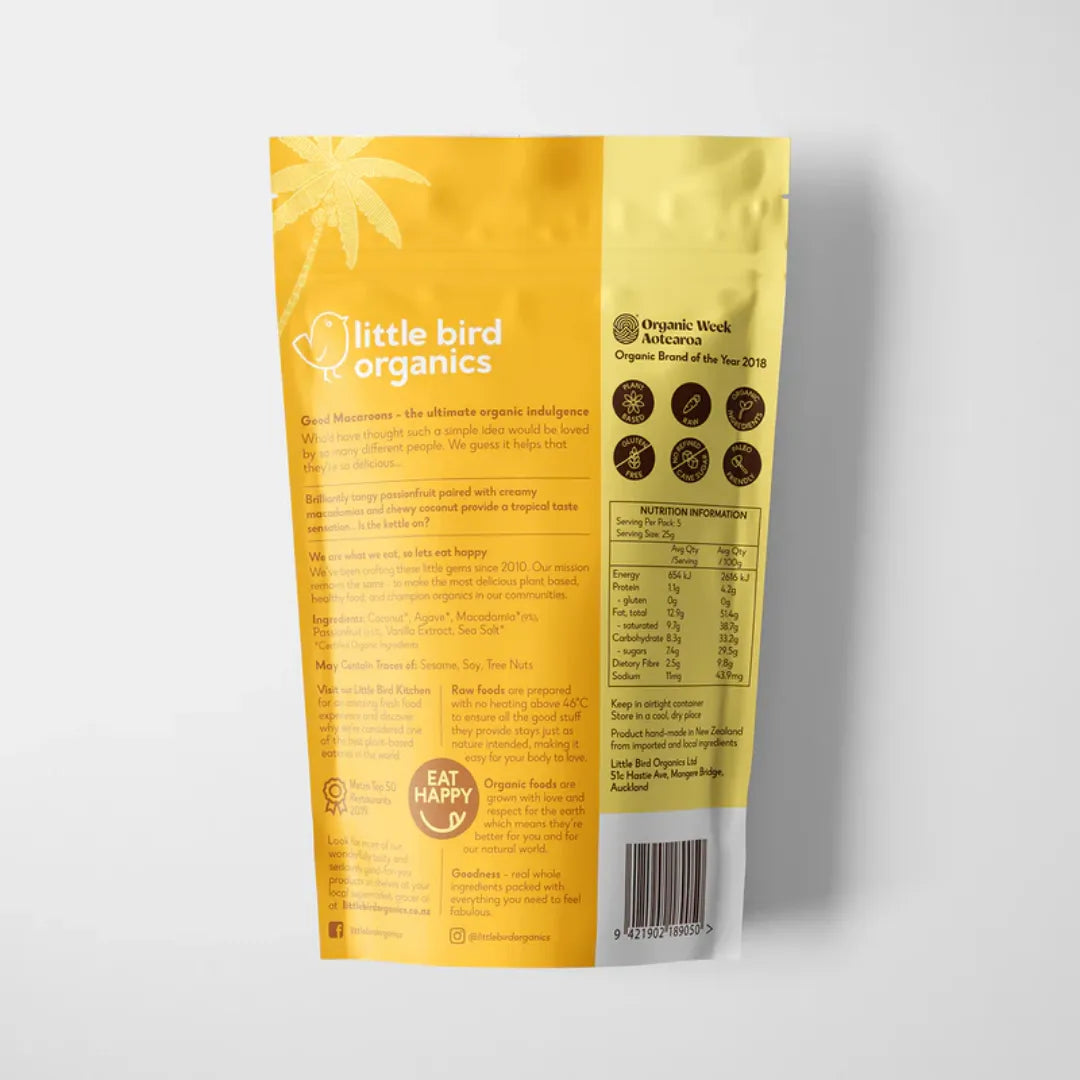 Little Bird Organics Good Macaroons - Passionfruit + Macadamia 125g back