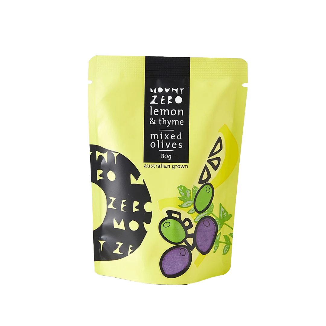 Mount Zero Lemon and Thyme Marinated Mixed Olives 80g