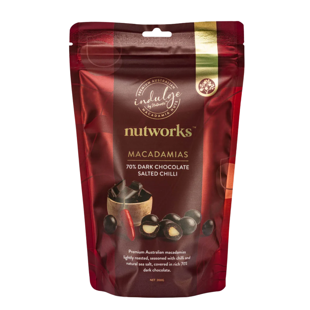 NUTWORKS DARK CHOCOLATE SALTED CHILLI MACADAMIAS 200G